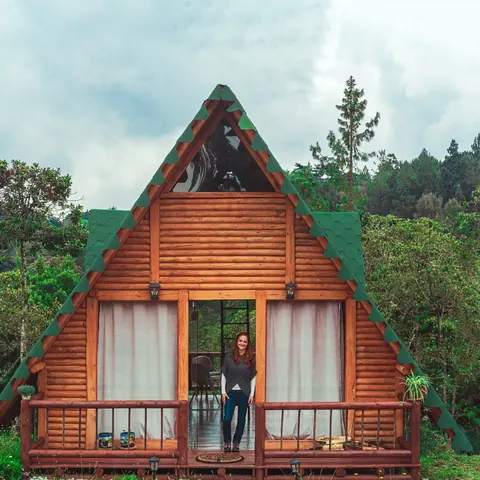 Casa Libélula: cabaña de madera en forma de A rodeada de montaña y vegetación